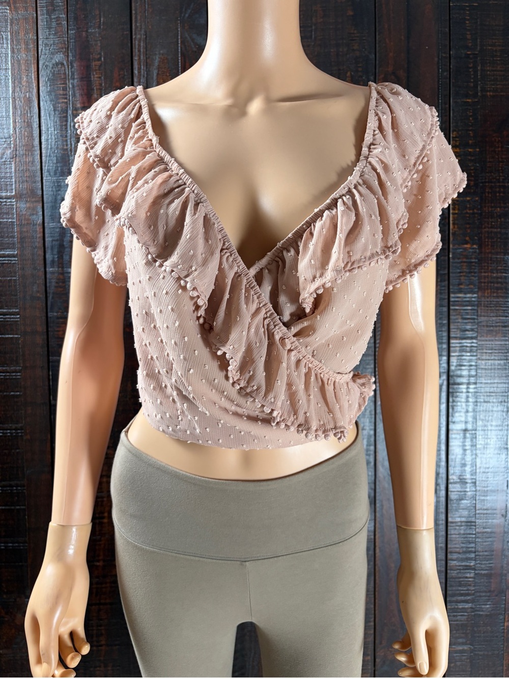 TOBI Swiss Dot Blush Pink Ruffle Wrap Top - Crop Top XL